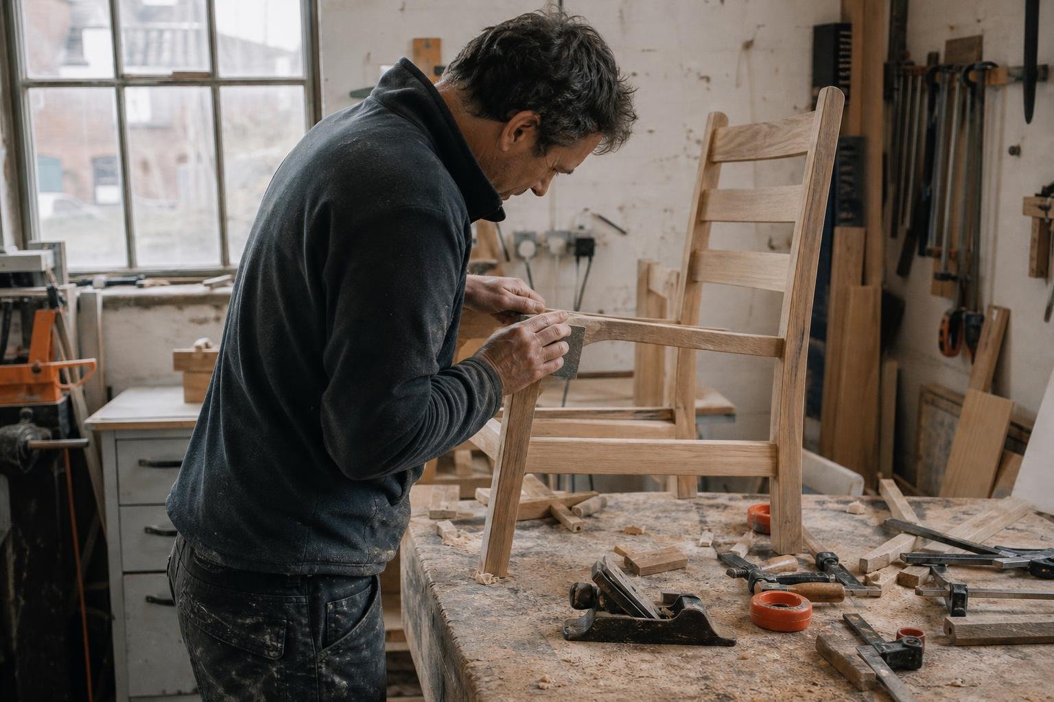 A furniture maker sanding an oak chair in a British workshop, the kind of brand hiring an e-commerce PPC agency.