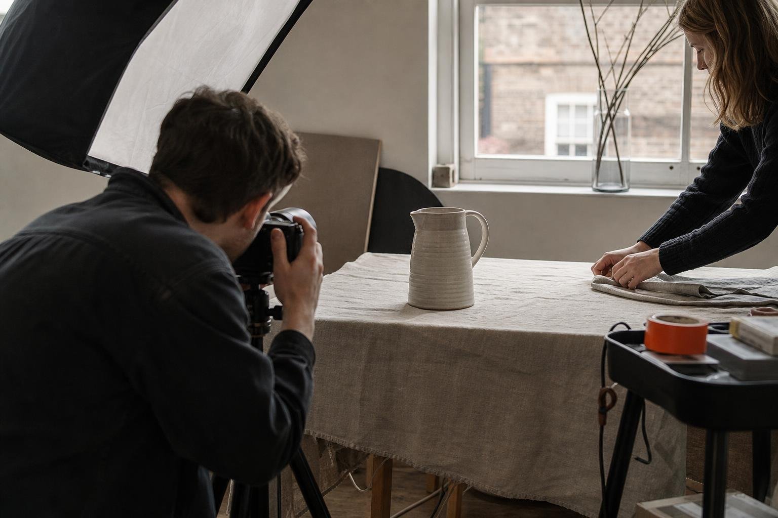 A product shoot in progress, a stoneware jug on linen under a softbox in a British studio.