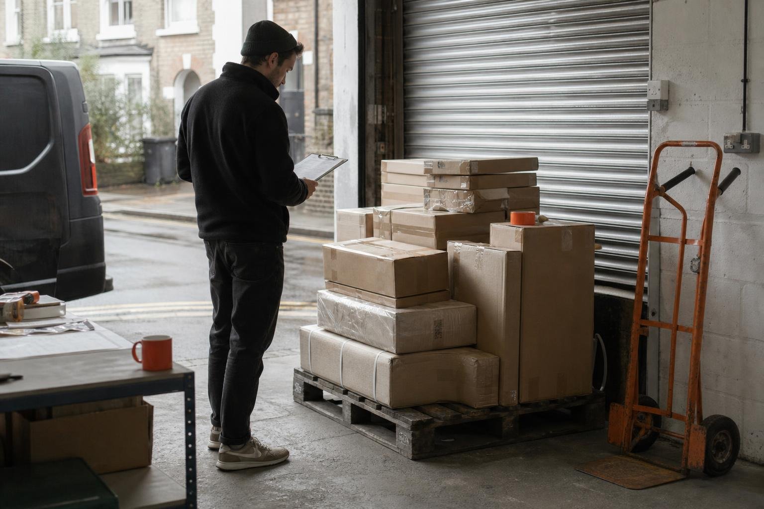 Parcels stacked on a pallet by the roller shutter of a small British homeware business at the end of the day.