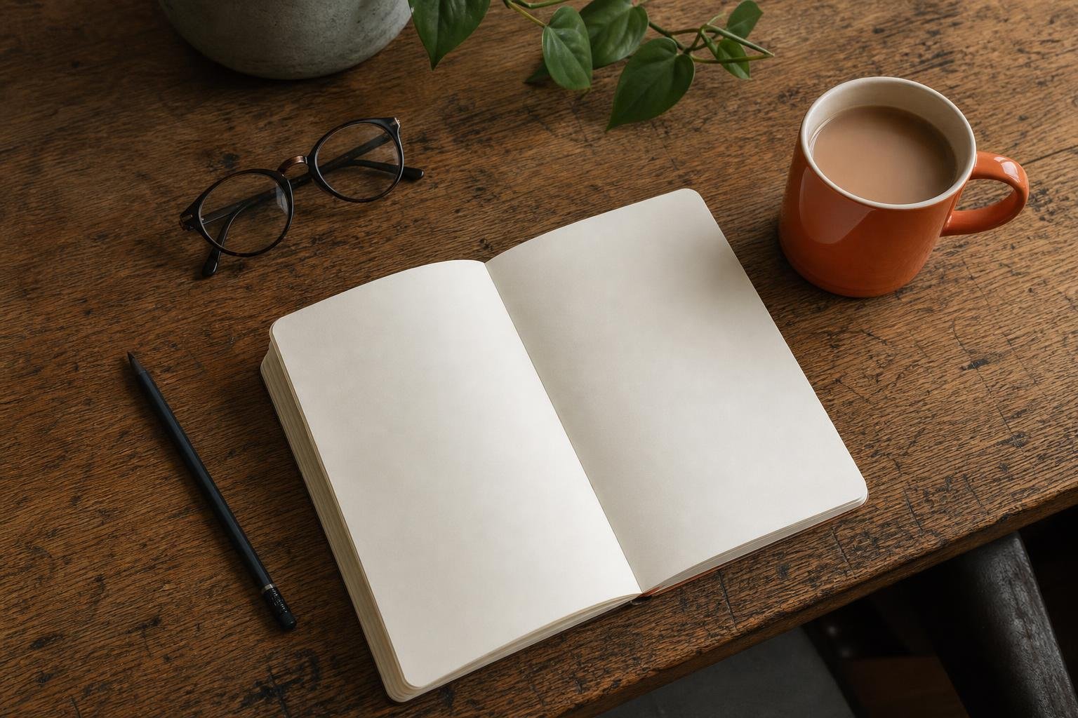 A blank notebook, reading glasses and a mug of tea on an oak desk before working out a paid ads budget