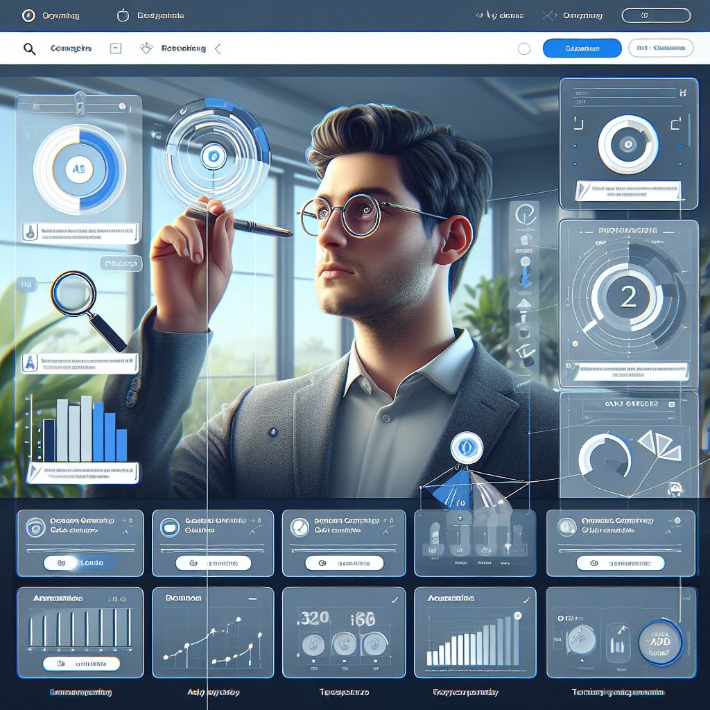 An image of a man surrounded by columns, data, and graphs.