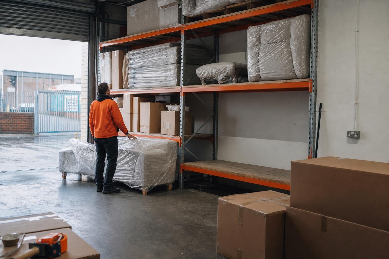 A worker checks wrapped sofas on warehouse racking with one empty shelf, the stock-out that stalls furniture Meta ads