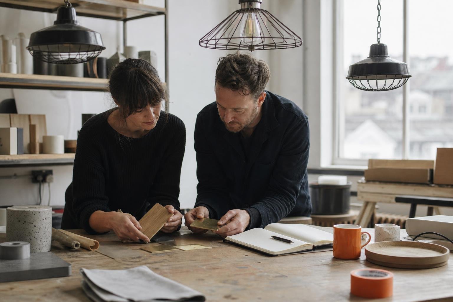 Two founders of a small furniture and lighting brand compare oak and brass samples, the makers behind homeware Meta ads