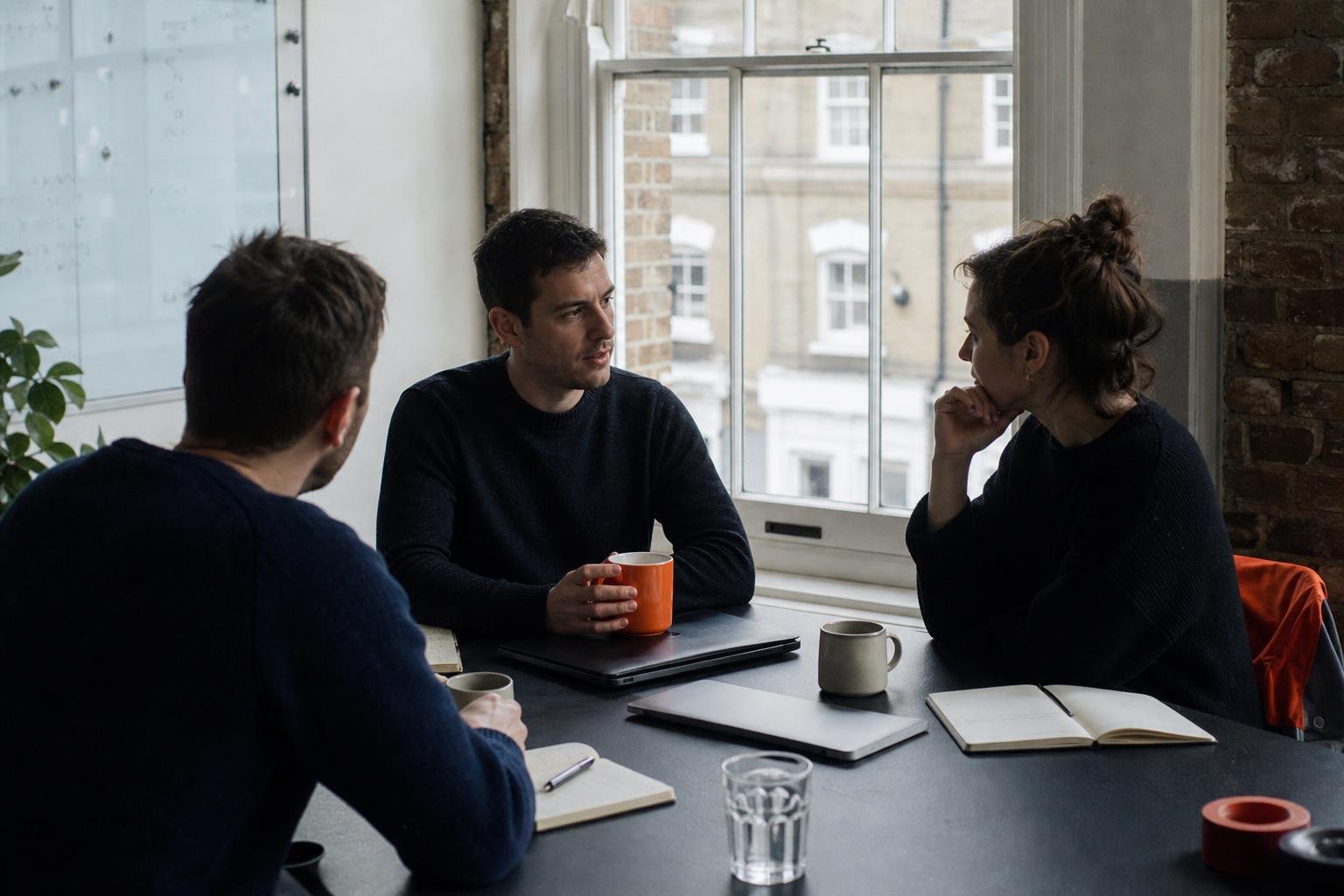 Three people from a small software company talk over coffee at a table by a sash window in a brick office