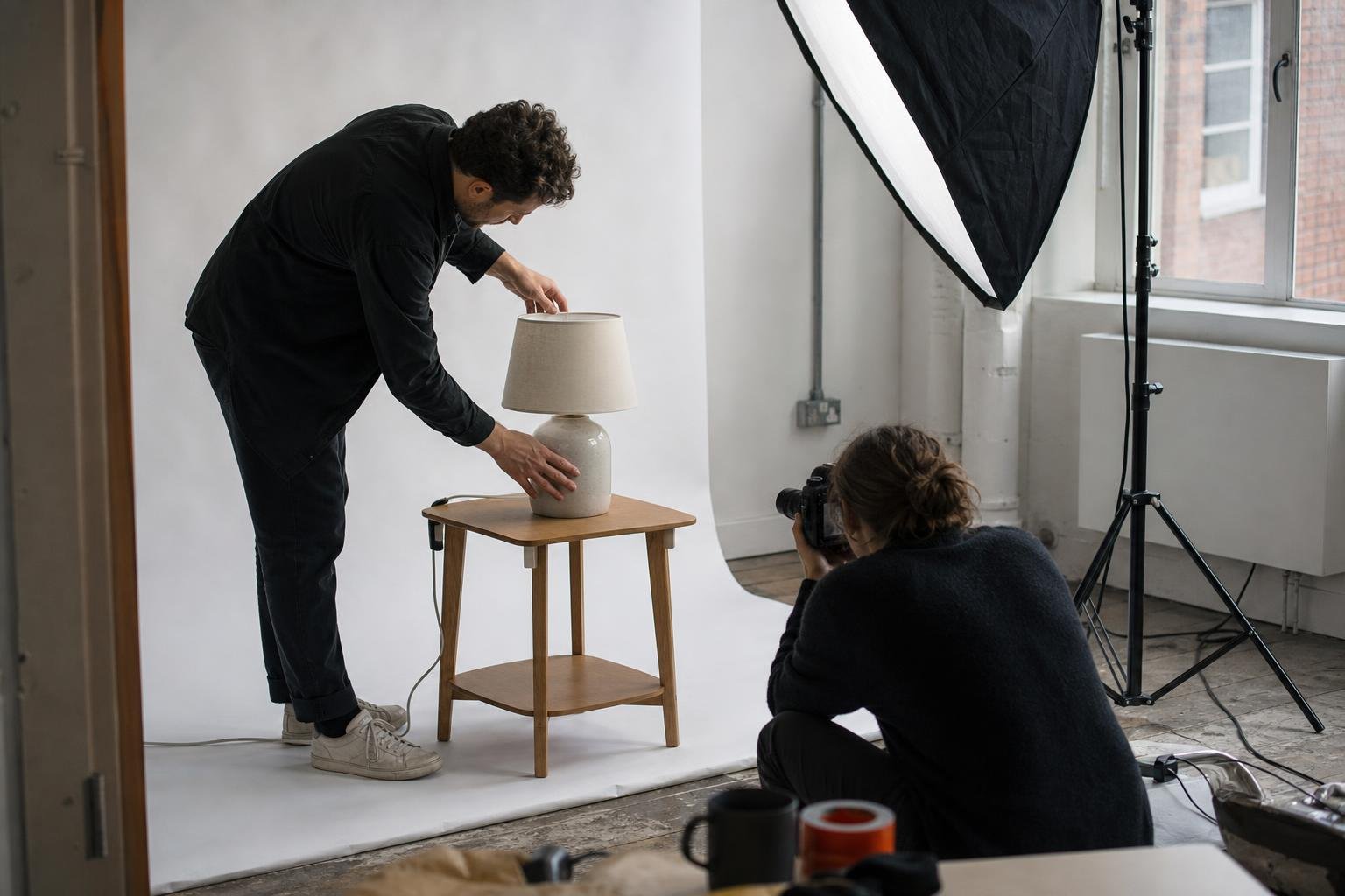 A founder places a ceramic table lamp on an oak side table while a photographer crouches to shoot it in a studio