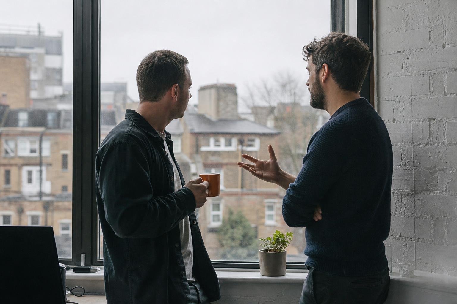Two colleagues at a London office window talking through what a paid ads agency fee needs to return