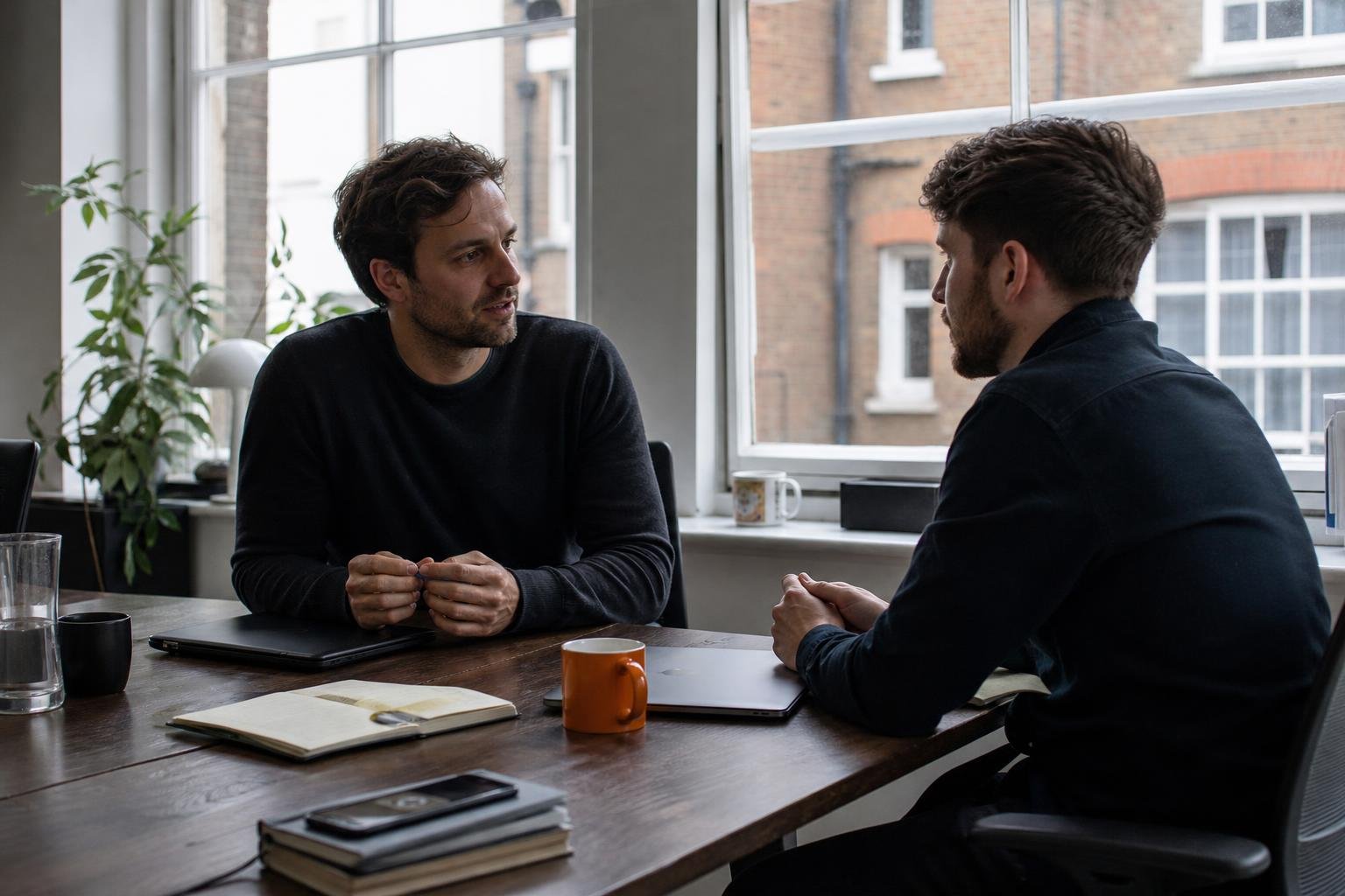 Two co-founders of a UK software company talking across a table by a window before hiring a Google Ads agency