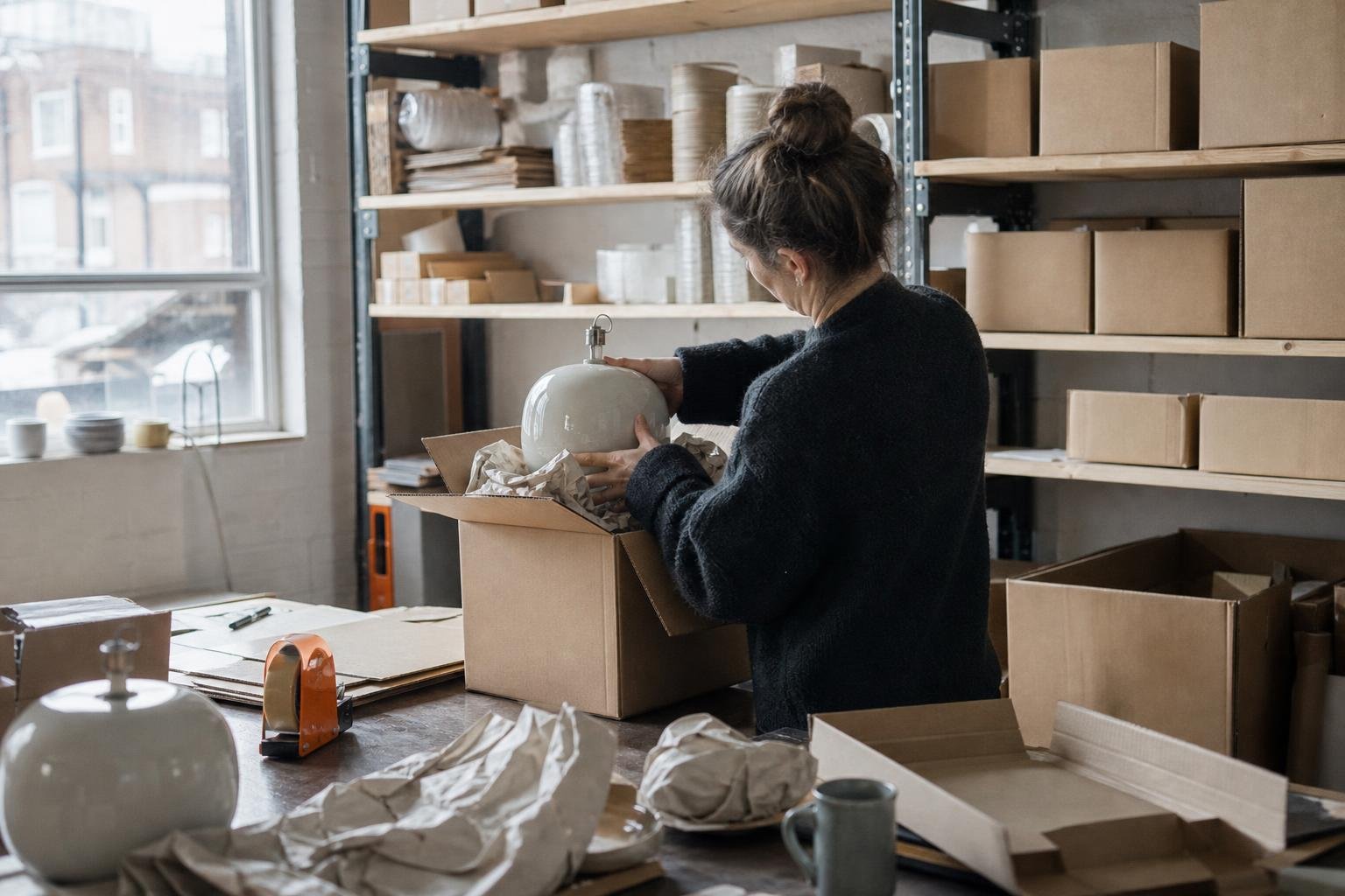 A small UK homeware brand's stockroom, a ceramic lamp being packed into a box