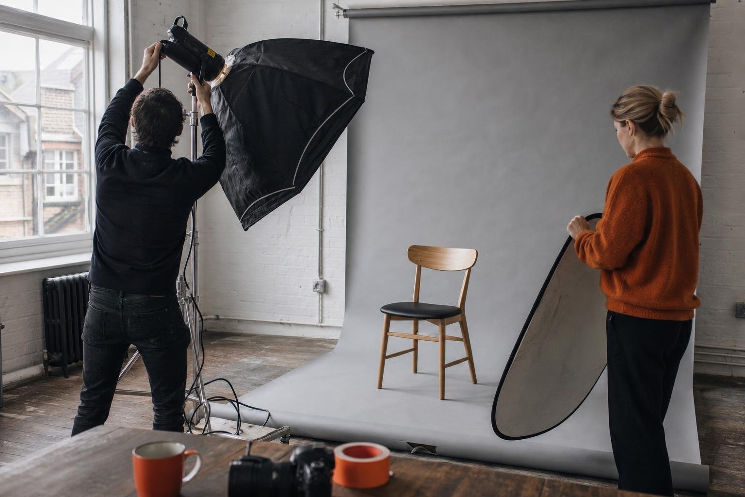 A product shoot in a UK furniture studio, a photographer lighting an oak chair on a grey backdrop