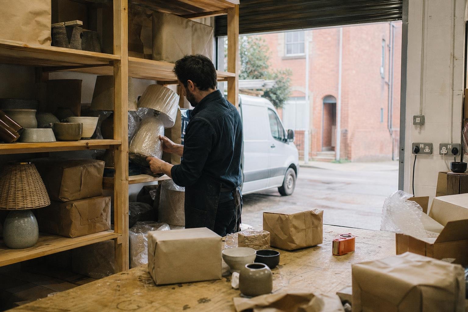 A homeware warehouse worker checks wrapped table lamps on wooden shelves beside an open roller door