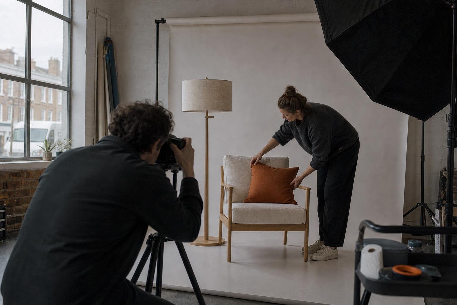 A photographer shoots an oak armchair and a linen floor lamp against a paper backdrop in a small studio