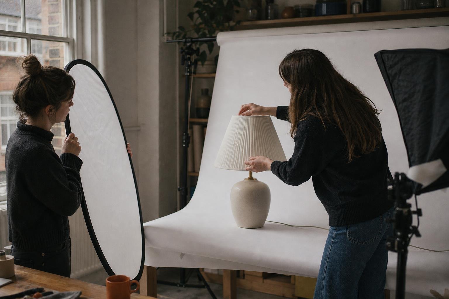 Photographing a ceramic table lamp on a paper sweep, the product images Google Shopping listings run on.