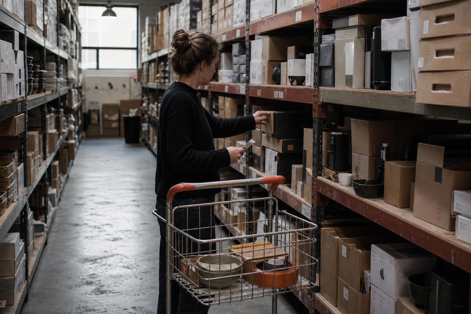A stock aisle of boxed kitchenware being counted, the catalogue that sits behind a Google Shopping feed.