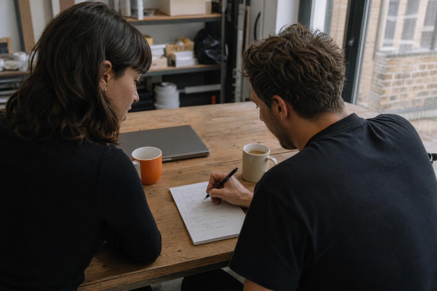Two colleagues at a wooden table working through a handwritten list of questions to ask a Shopping agency.