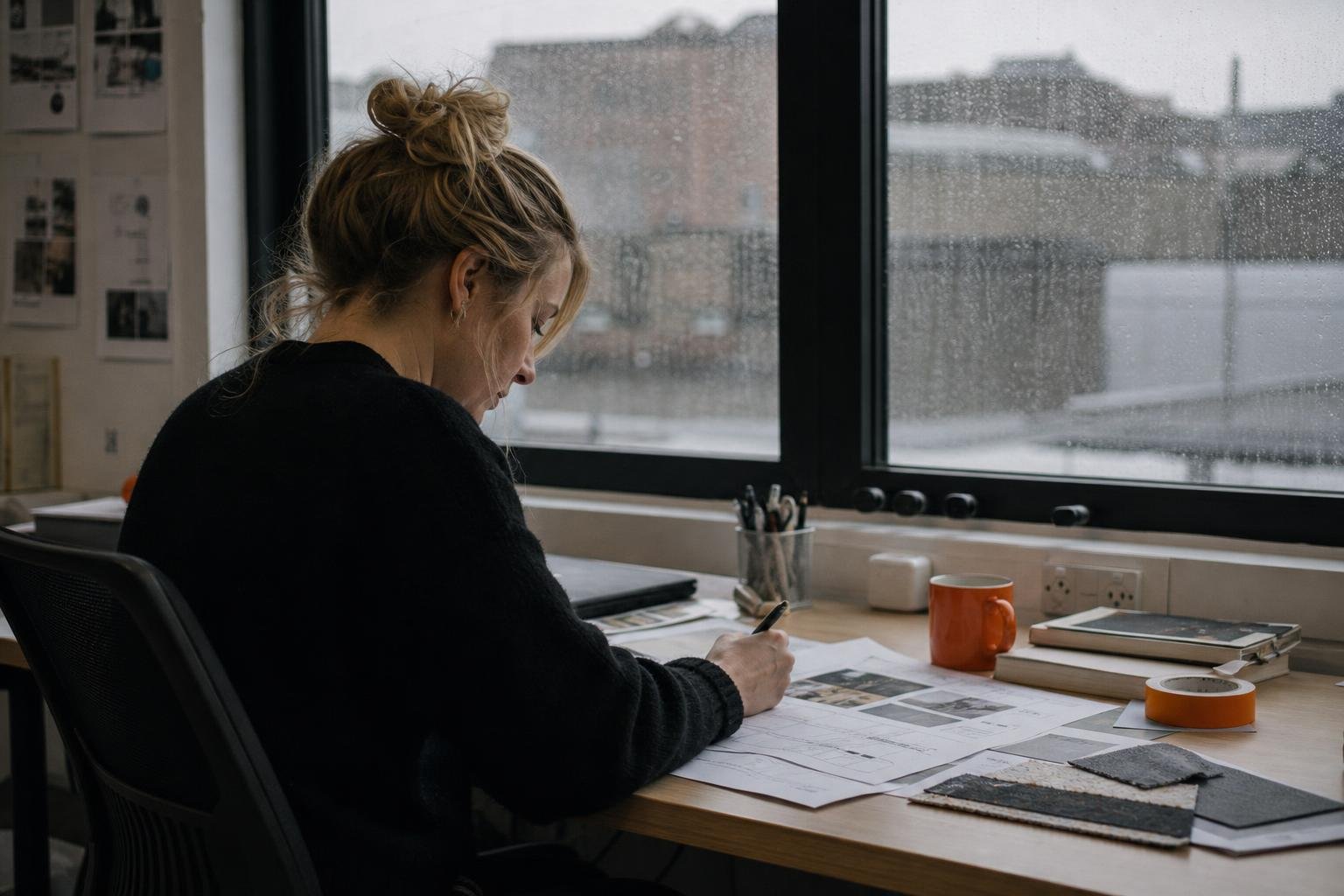 A marketing manager marking up printed campaign plans at her desk, deciding whether to hire a LinkedIn ads agency.
