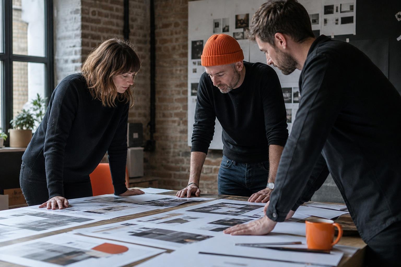 Three people at a small UK agency reviewing printed ad layouts spread across a table in a brick warehouse office.