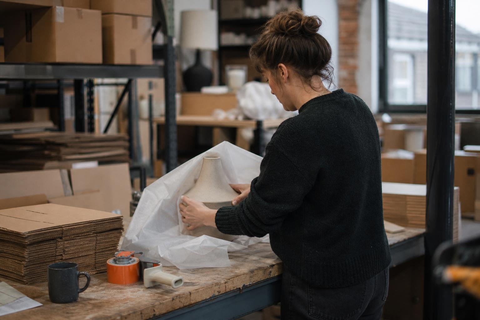 A worker wrapping a ceramic lamp base at a packing bench in a small British homeware warehouse.