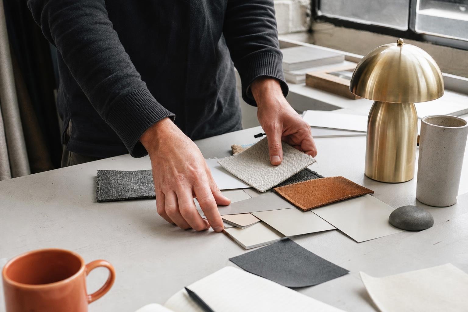 Hands arranging fabric swatches and paint cards on a pale workbench beside a brass table lamp.