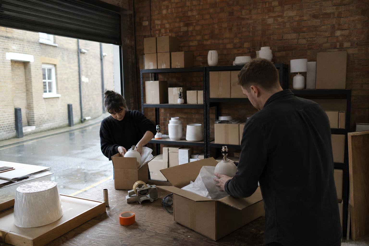 Two people packing ceramic table lamps in a small UK warehouse, the kind of homeware brand that runs Microsoft Ads.