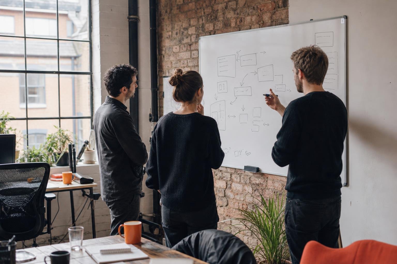 A small software team discussing a hand-drawn diagram on a whiteboard in a UK office while weighing Microsoft Ads agencies.