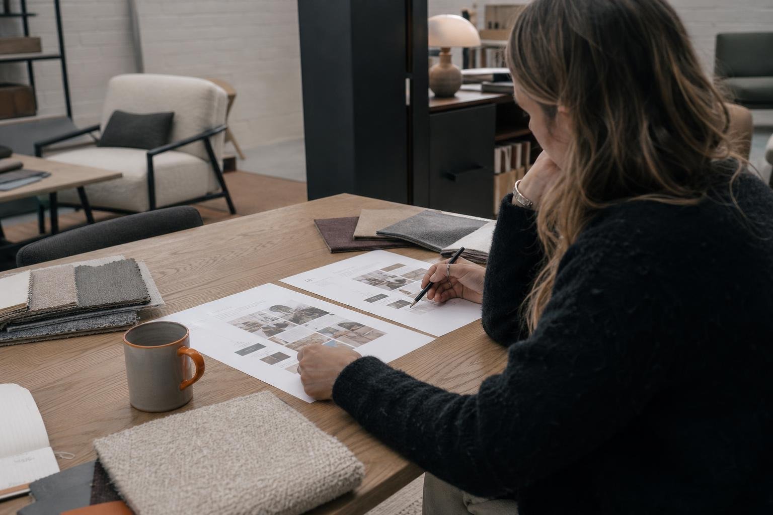 A furniture brand founder comparing two printed agency proposals with a pencil at an oak table in her showroom office.