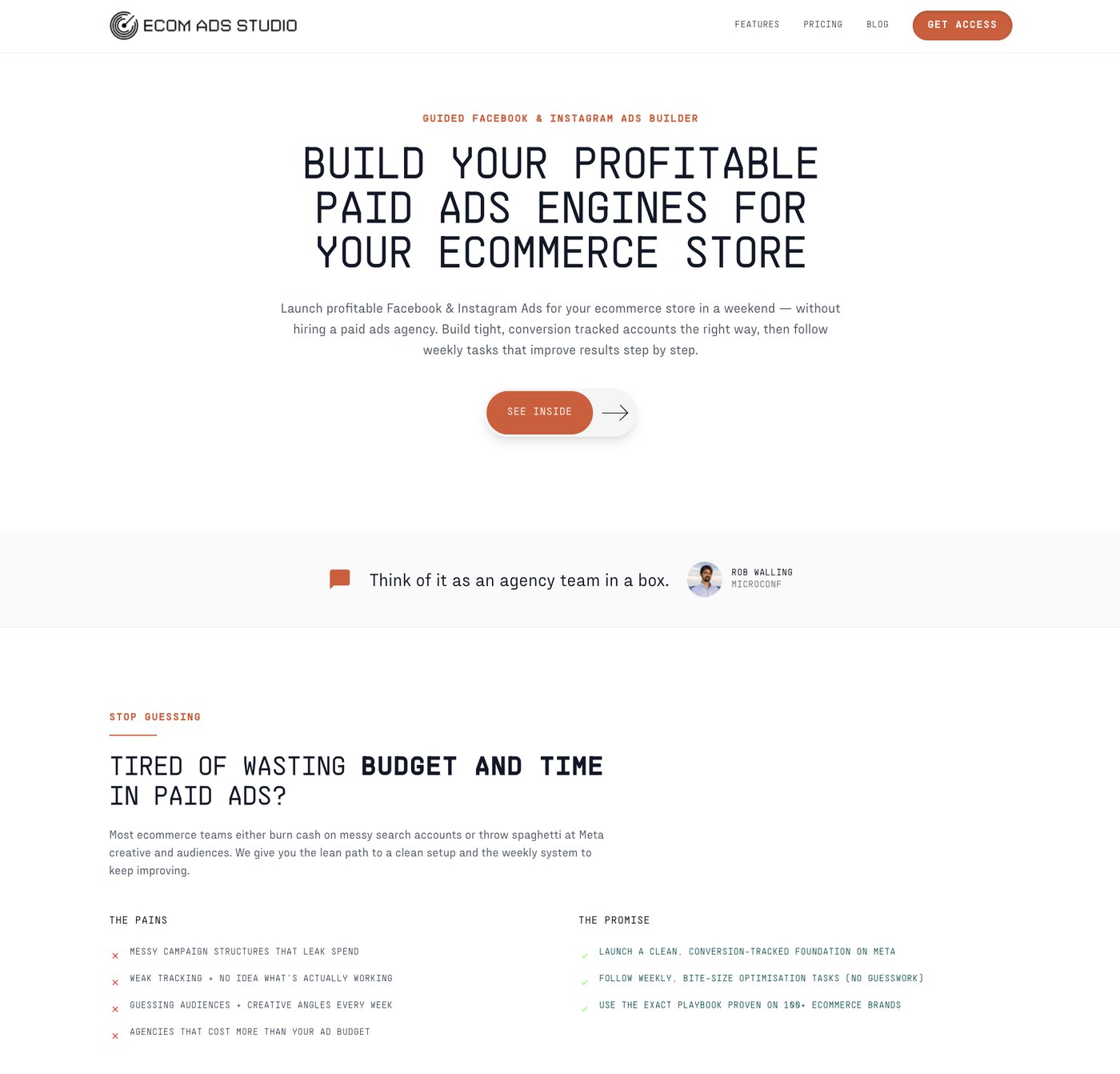 Ecom Ads Studio home page, a guided Facebook and Instagram ads builder for ecommerce stores promising a launch in a weekend