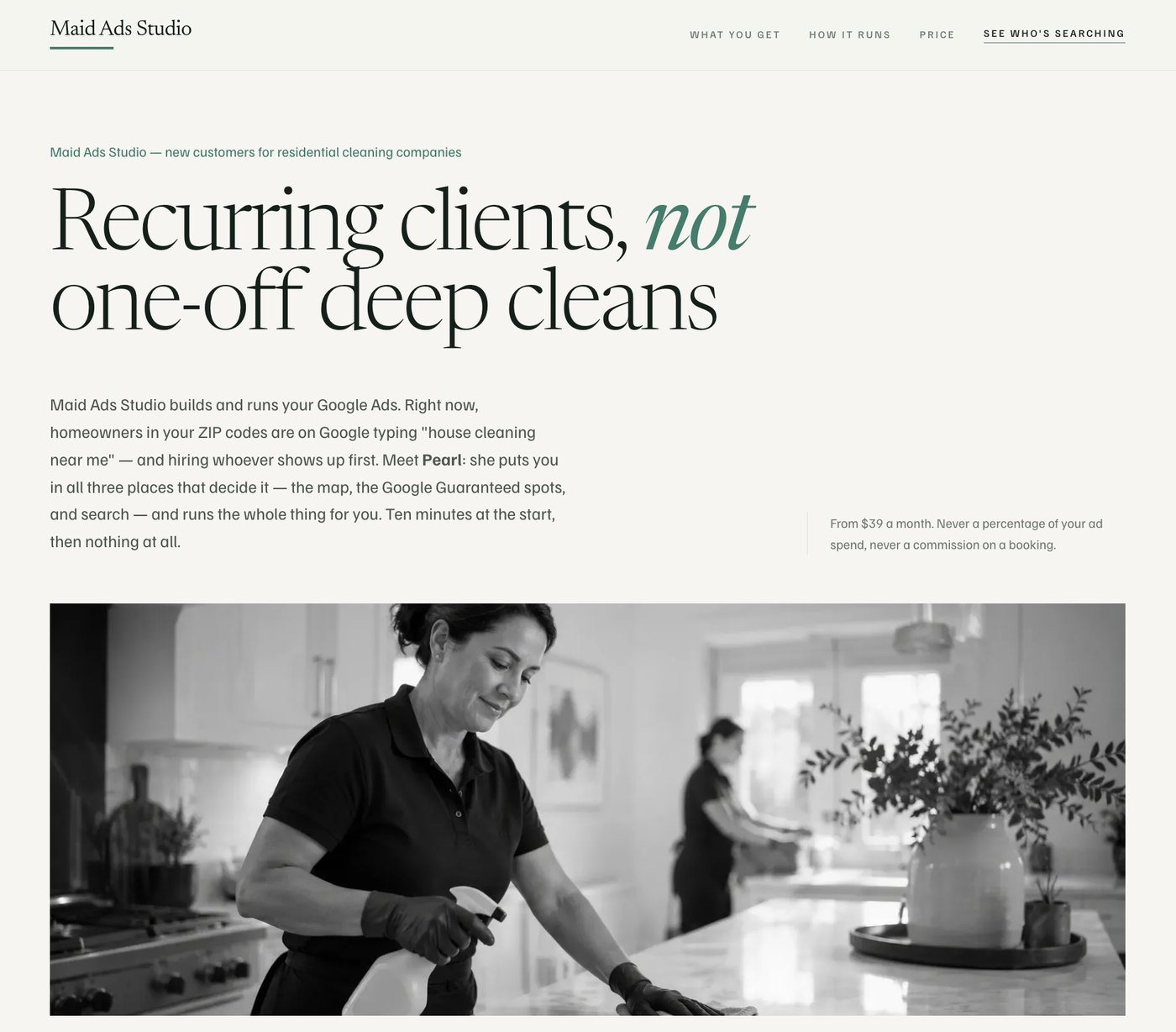 Maid Ads Studio, Google Ads for residential cleaning companies from thirty-nine dollars a month, built and awaiting launch