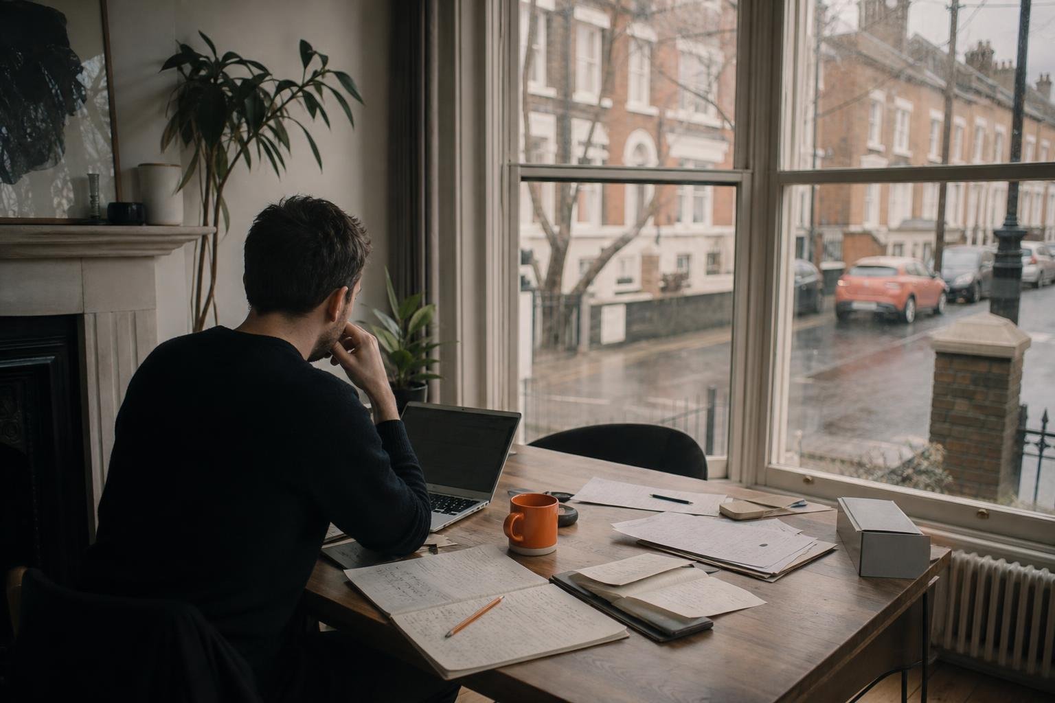An independent PPC audit specialist working through handwritten notes by the bay window of a London terraced house