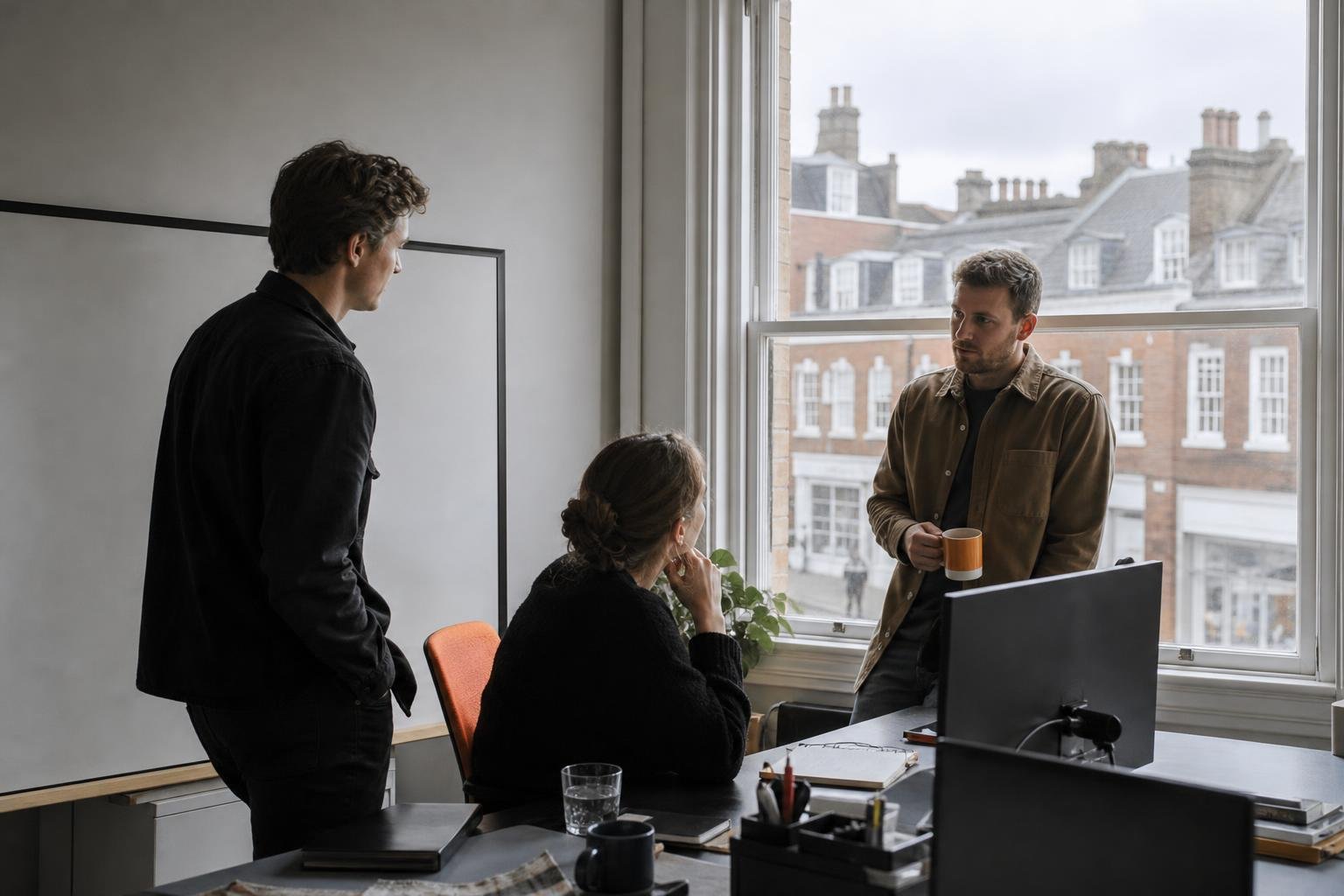Three colleagues talking by a sash window in a small market-town office, the kind of team behind a PPC audit