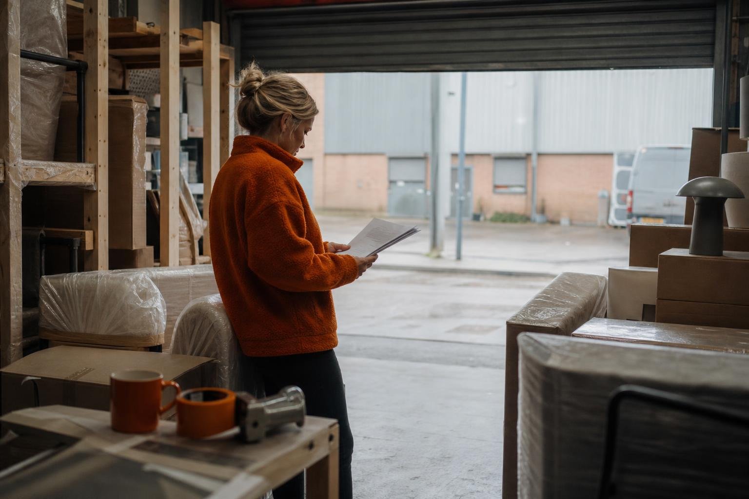 A homeware founder reading a printed PPC audit among wrapped furniture and lamp boxes in her warehouse