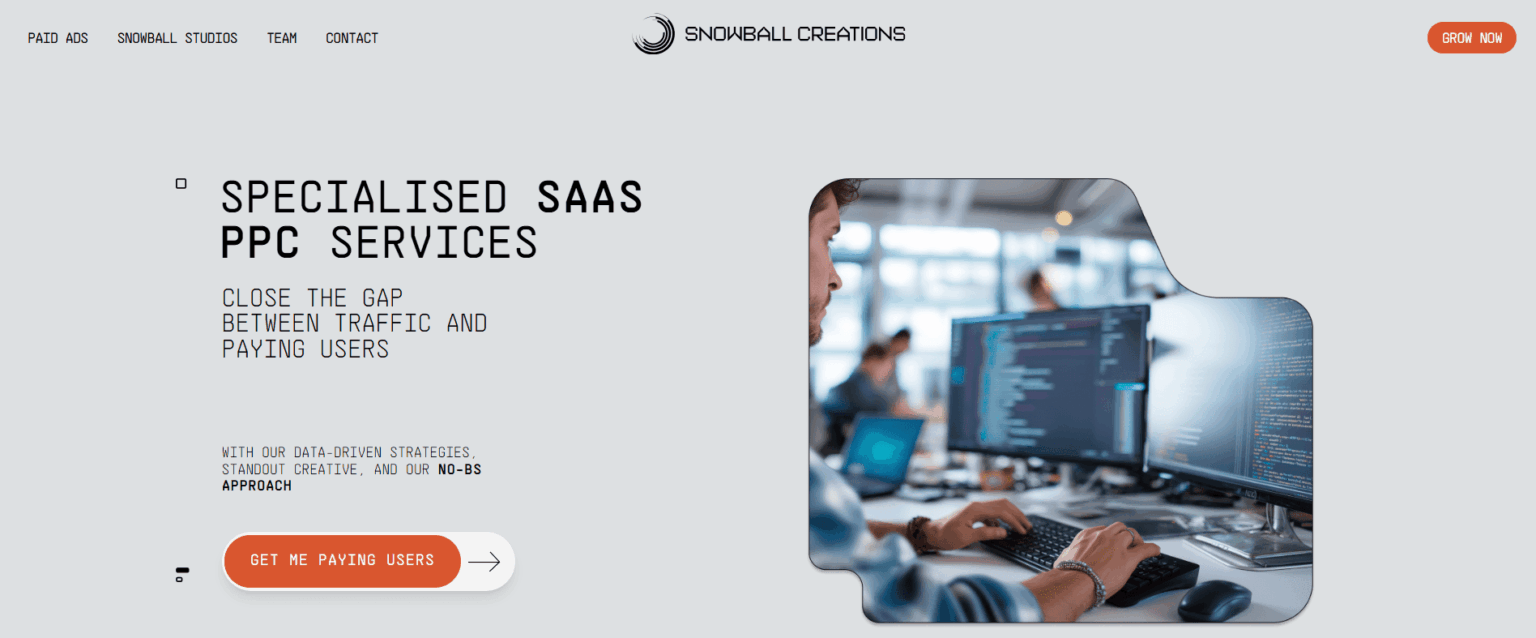 Web page of the SaaS marketing agency Snowball Creations. Specilising in paid ads, social media marketing and lead generation for B2B SaaS companies