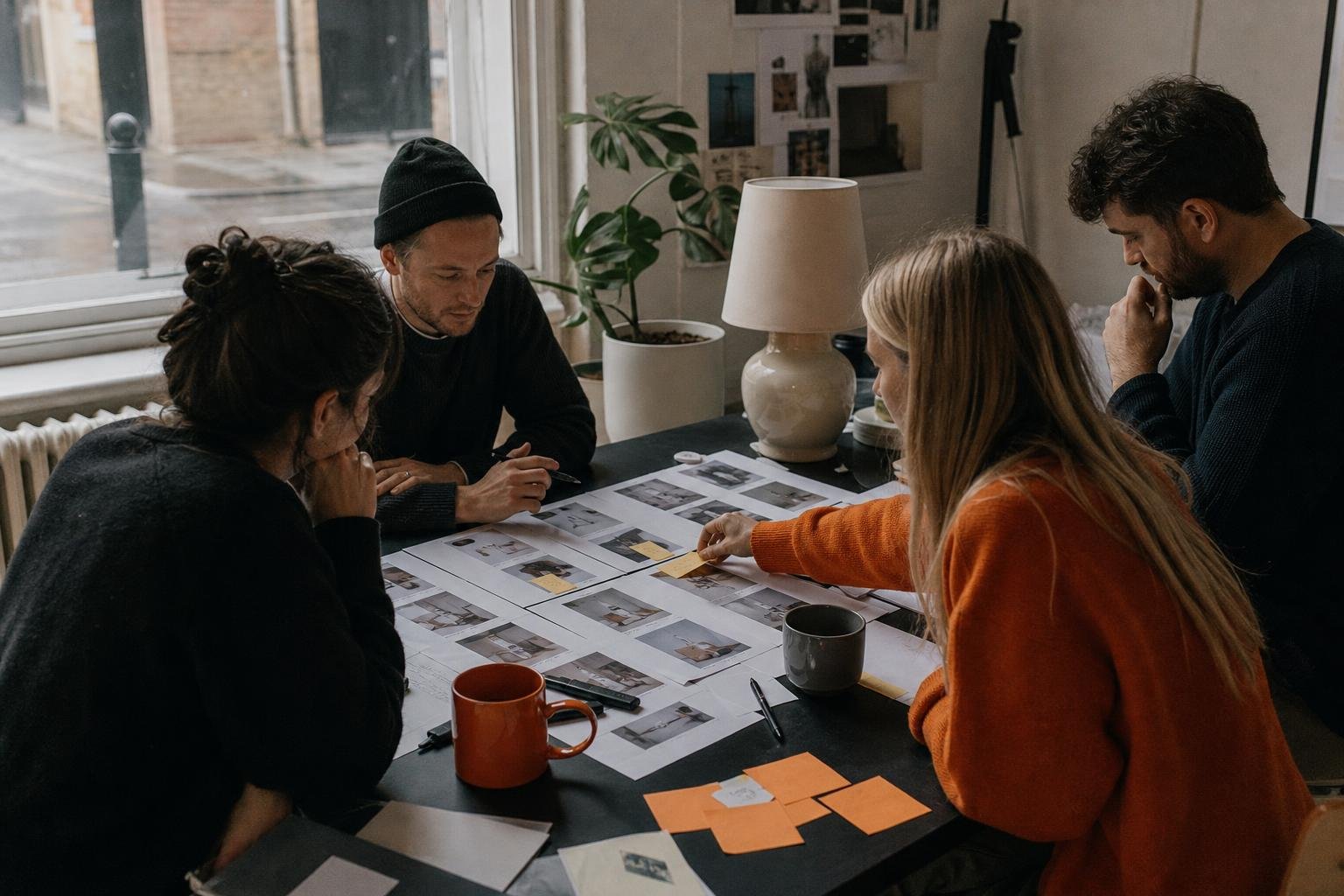 A small agency team sorting printed storyboard frames for a short TikTok product video around a table by a window