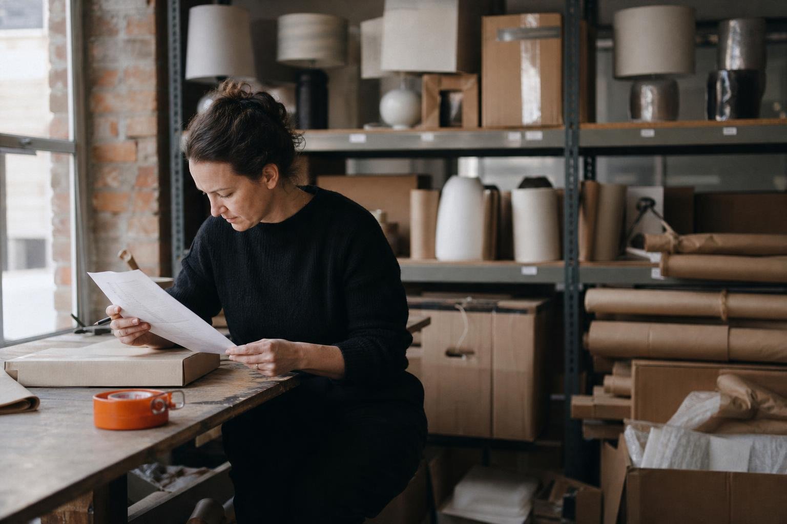 A homeware founder in her stockroom reading a printed proposal from a TikTok ads agency, shelves of lamps behind her
