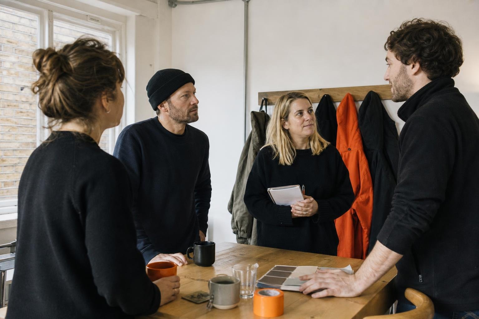 A small agency team standing round a table for a morning meeting about who runs which paid ads account.