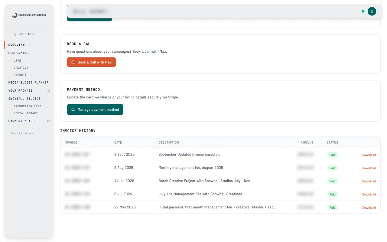 Invoice history in the client portal, every invoice marked paid, with the payment method card above