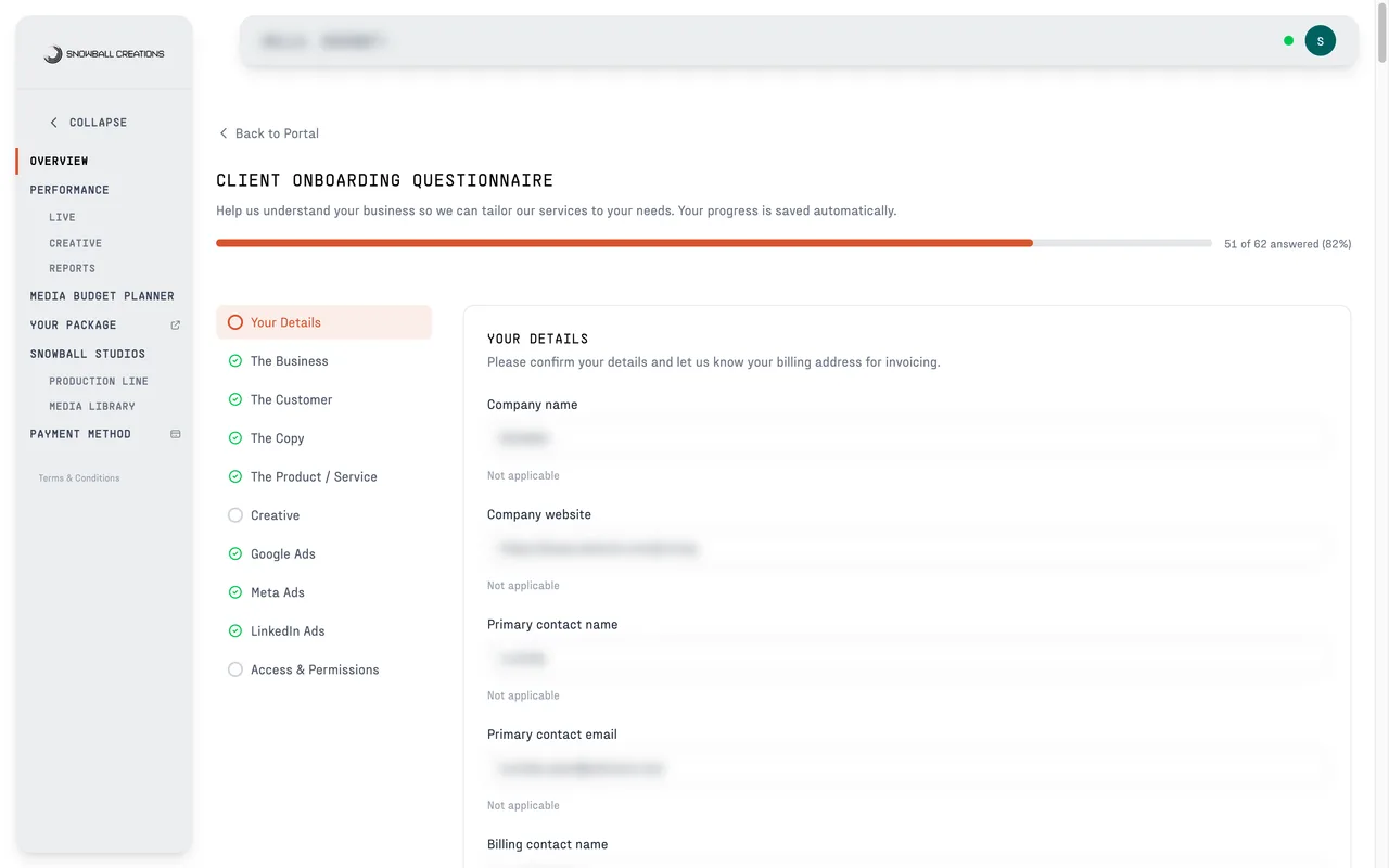 The onboarding questionnaire with its sections and progress bar, answers blurred