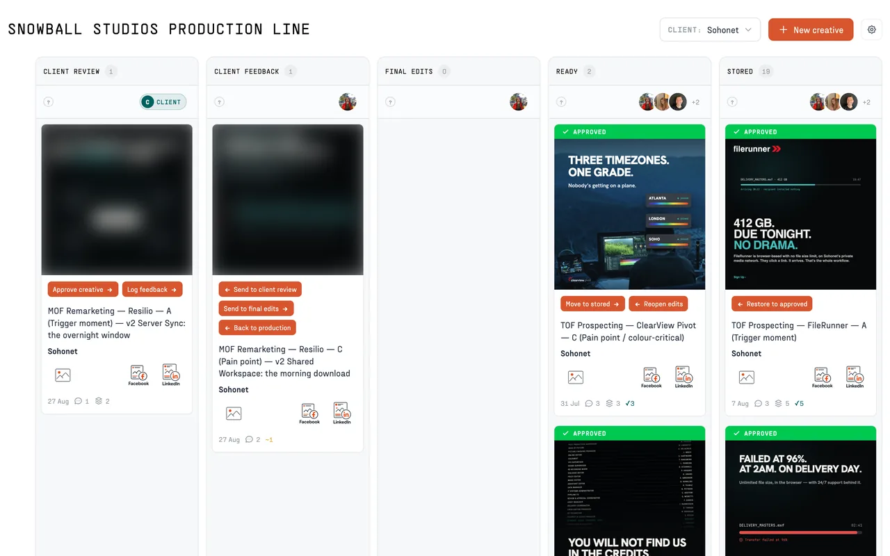 The Snowball Studios production line filtered to Sohonet, with approved ads in the Ready and Stored stages