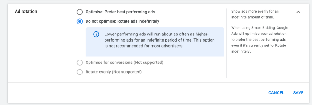 use optimized ad rotation google ad recommendation bad google rep advice