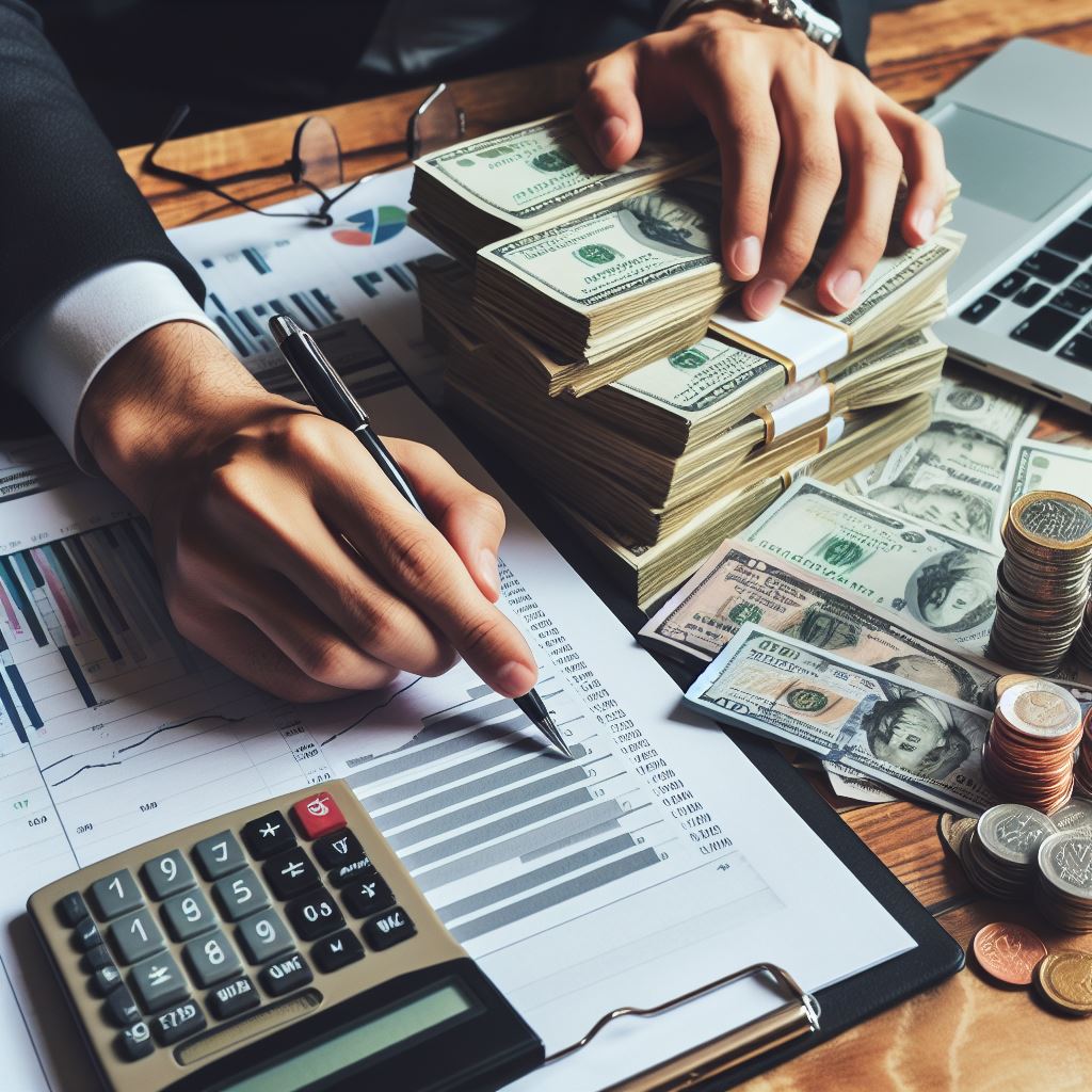 A man's hand doing calculations with a calculator and stacks of money around.