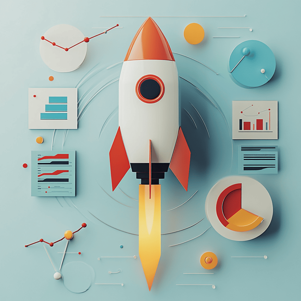 Different marketing graphs with rocket in the middle that indicates great performance