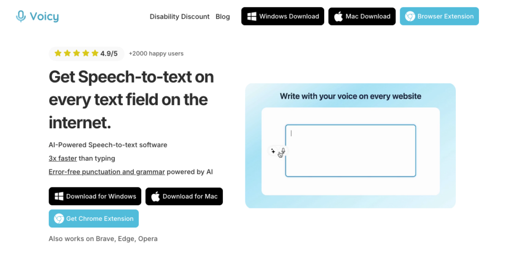 the homescreen of the Voice-to-Text Tool, UseVoicy.