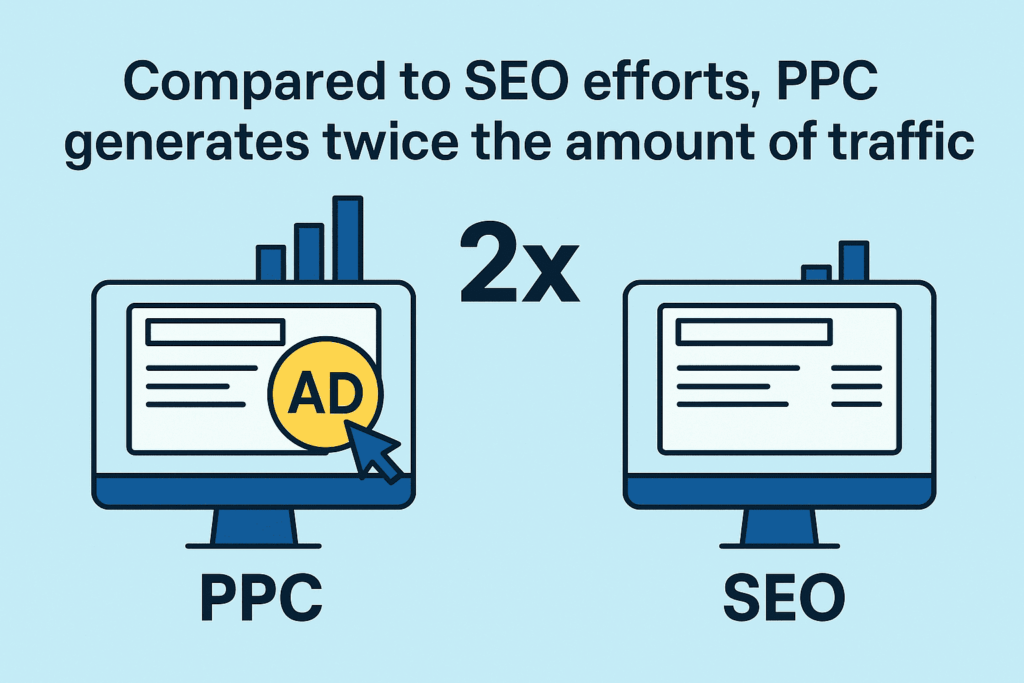 explains a ppc statistic "Compared to SEO efforts, PPC generates twice the amount of traffic. please make the image landscape"